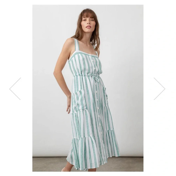 NWT Rails Cassia Ivy Stripe Linen Blend Lagenlook Peasant Midi Dress Pockets SzM - Picture 1 of 11